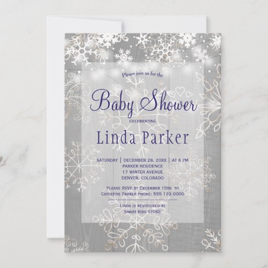 白い海軍の雪の素朴な冬の赤ちゃんシャワー 招待状 (正面)