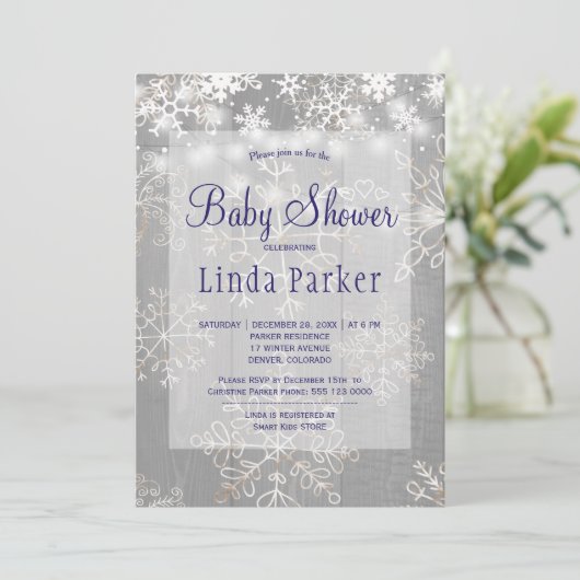 白い海軍の雪の素朴な冬の赤ちゃんシャワー 招待状 (スタンド正面)