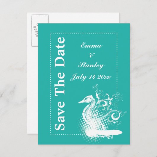 白い海馬のライトシー緑の夏結婚の夏 案内ポストカード (正面/裏面)