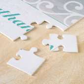 白い渦巻き旋回、ティール（緑がかった色）文字新郎新婦結婚の写真 ジグソーパズル (側面)