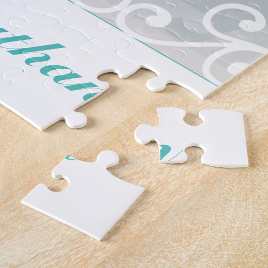 白い渦巻き旋回、ティール（緑がかった色）文字新郎新婦結婚の写真 ジグソーパズル (側面)