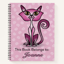 白い渦巻き模様の背景ノートブック付きピンク猫 ノートブック