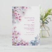 白い漆喰のピンク桜のボタニカルボーダー ウェディング 招待状 (スタンド正面)