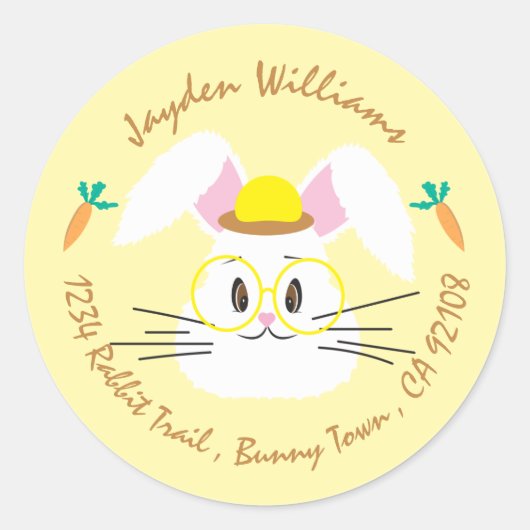 白い漫画のウサギの黄色の封筒用シール ラウンドシール (正面)