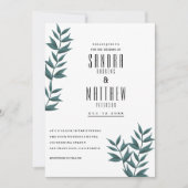 白い濃い緑の水色葉のフローラ結婚の 招待状 (正面)