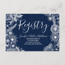 白い濃紺のイラストラティブ花模様のギフト登録