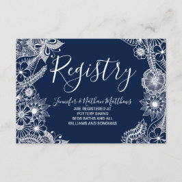 白い濃紺のイラストラティブ花模様のギフト登録 エンクロージャーカード