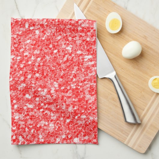 白い火花と赤いグリッター模様 キッチンタオル (四つ折り)