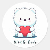 白い熊とハートパーソナライズされた、 ラウンドシール (正面)