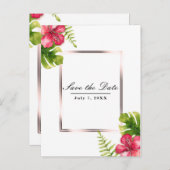 白い熱帯のハイビスカスの葉 Save the Date 案内ポストカード (正面/裏面)