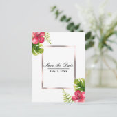 白い熱帯のハイビスカスの葉 Save the Date 案内ポストカード (スタンド正面)