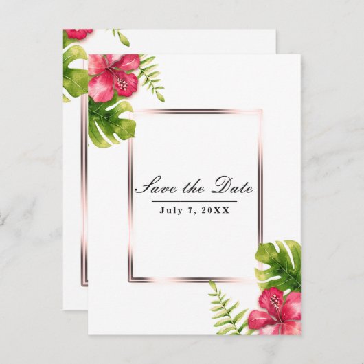 白い熱帯ハイビ葉ススカスの日付を保存 案内ポストカード (正面/裏面)