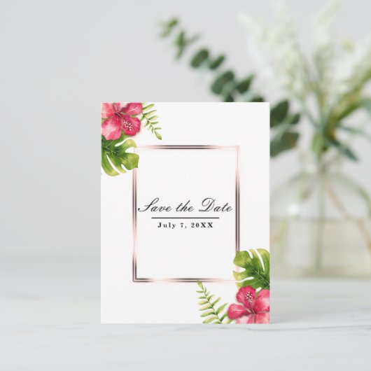 白い熱帯ハイビ葉ススカスの日付を保存 案内ポストカード (スタンド正面)