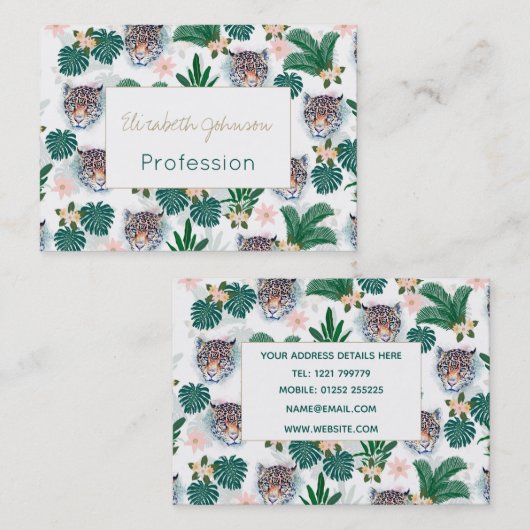 白い熱帯フローラの葉とヒョウの顔 名刺 (正面/裏面)