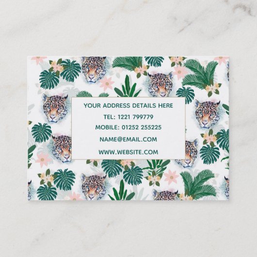 白い熱帯フローラの葉とヒョウの顔 名刺 (裏面)