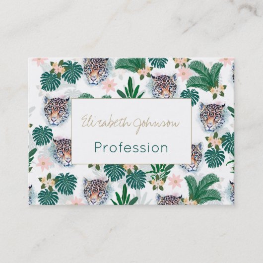 白い熱帯フローラの葉とヒョウの顔 名刺 (正面)