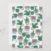 白い熱帯フローラの葉とヒョウの顔 招待状 (裏面)