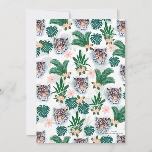 白い熱帯フローラの葉とヒョウの顔 招待状 (裏面)