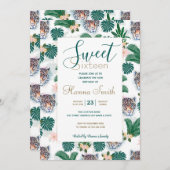 白い熱帯フローラの葉とヒョウの顔 招待状 (正面/裏面)