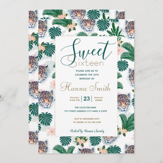 白い熱帯フローラの葉とヒョウの顔 招待状 (正面/裏面)