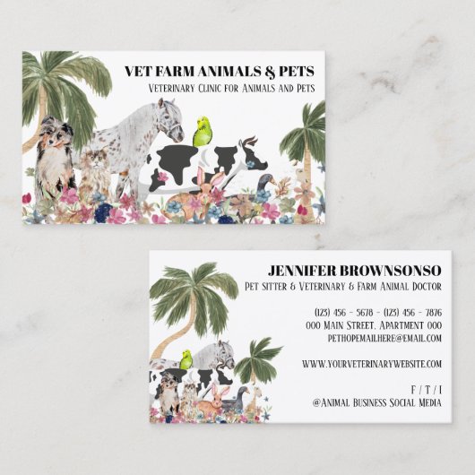 白い牛 羊 犬 猫 鳥 ウサギ 鴨 ヤシの木 名刺 (正面/裏面)