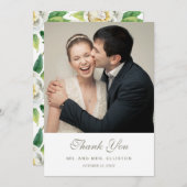 白い牡丹とリーフの水色 |ありがとうございます サンキューカード (正面/裏面)