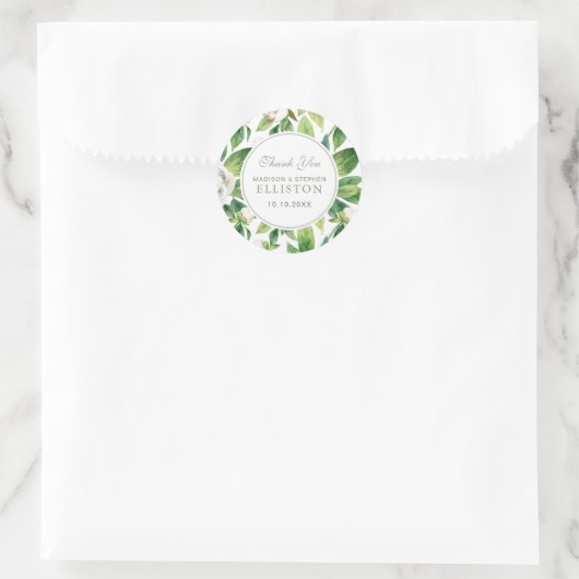 白い牡丹とリーフの水色 |ありがとうございます ラウンドシール (バッグ)