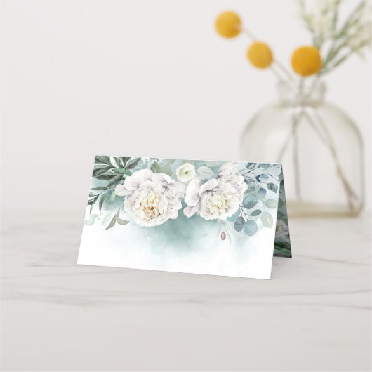 白い牡丹と緑のエレガントな結婚式 プレイスカード (裏面)