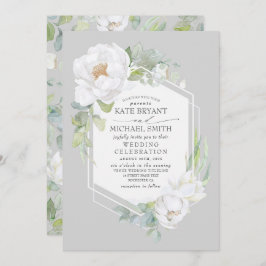 白い牡丹と緑の幾何学模様結婚の枠 招待状