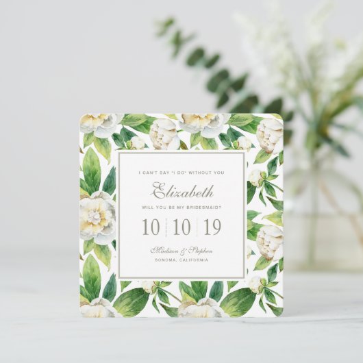 白い牡丹と葉の水色 – Bridesmaid 招待状 (スタンド正面)