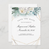 白い牡丹と金ゴールドモダン枠の日付の保存 案内ポストカード (正面/裏面)