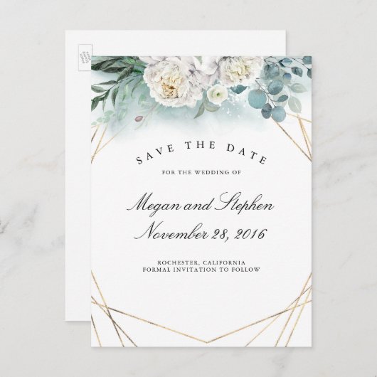 白い牡丹と金ゴールドモダン枠の日付の保存 案内ポストカード (正面/裏面)