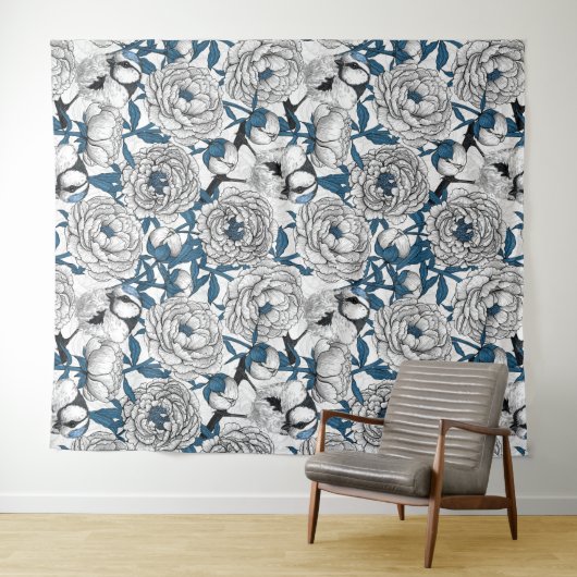 白い牡丹と青い牡丹 タペストリー (インサイチュ(横))