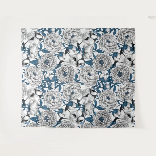 白い牡丹と青い牡丹 タペストリー (正面(横))