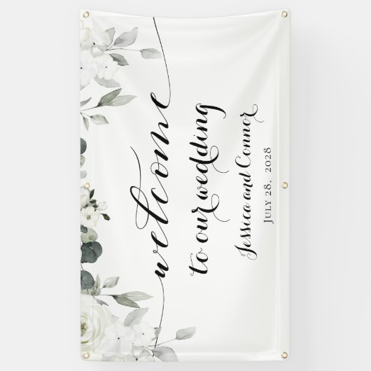 白い牡丹の緑が我々の結婚に歓迎 横断幕 (縦)