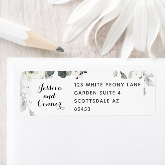 白い牡丹の緑の差出人住所の宛名ラベル ラベル (インサイチュ)
