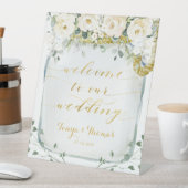 白い牡丹の緑の海のガラスの瓶へようこそ結婚 台座サイン (インサイチュ)