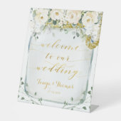 白い牡丹の緑の海のガラスの瓶へようこそ結婚 台座サイン (正面)