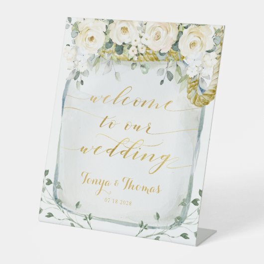 白い牡丹の緑の海のガラスの瓶へようこそ結婚 台座サイン (正面)