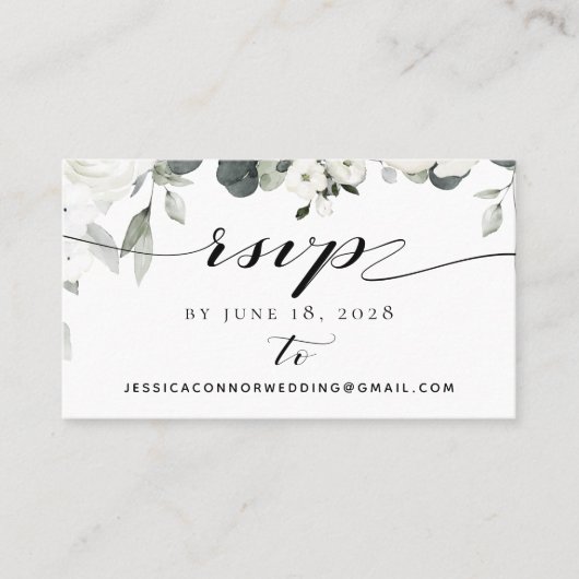 白い牡丹の緑の結婚式RSVPオンラインカード 名刺 (正面)