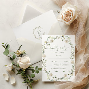 白い牡丹の花の緑の離れ花の結婚式RSVP 出欠カード
