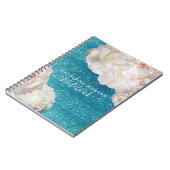 白い牡丹の花オンターコイズダマスクパターン ノートブック (左側)