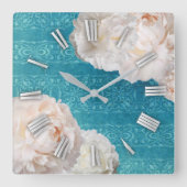 白い牡丹の花オンターコイズダマスク スクエア壁時計 (正面)