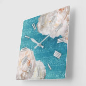 白い牡丹の花オンターコイズダマスク スクエア壁時計 (傾斜)