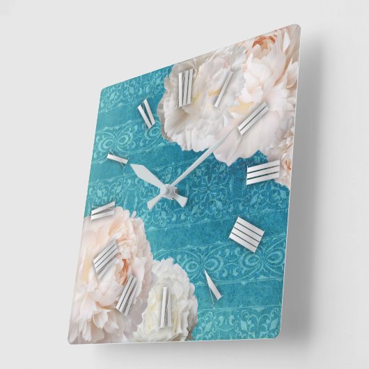 白い牡丹の花オンターコイズダマスク スクエア壁時計 (傾斜)