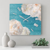 白い牡丹の花オンターコイズダマスク スクエア壁時計