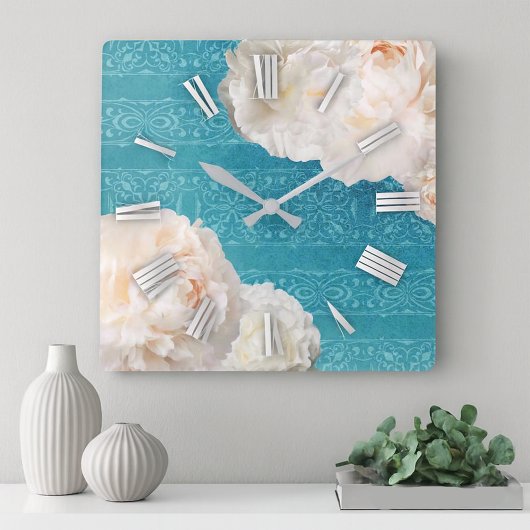 白い牡丹の花オンターコイズダマスク スクエア壁時計