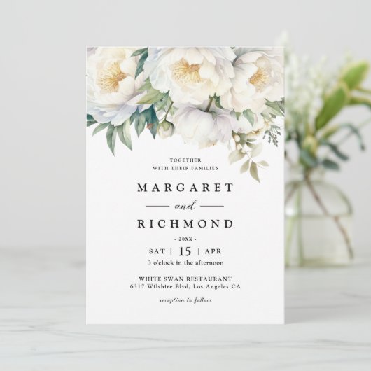 白い牡丹エレガントフローラ水の色結婚の 招待状 (スタンド正面)