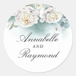 白い牡丹エレガント水彩緑の花束 ラウンドシール