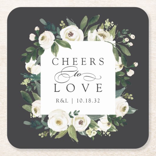 白い牡丹フローラフレーム「愛する応援」結婚の スクエアペーパーコースター (正面)